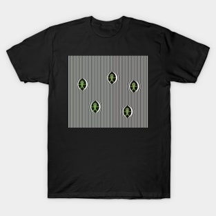 The arrival of small green men out from the striped black and white pattern T-Shirt